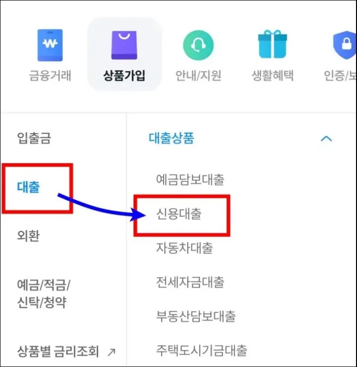 우리은행 신용대출 메뉴